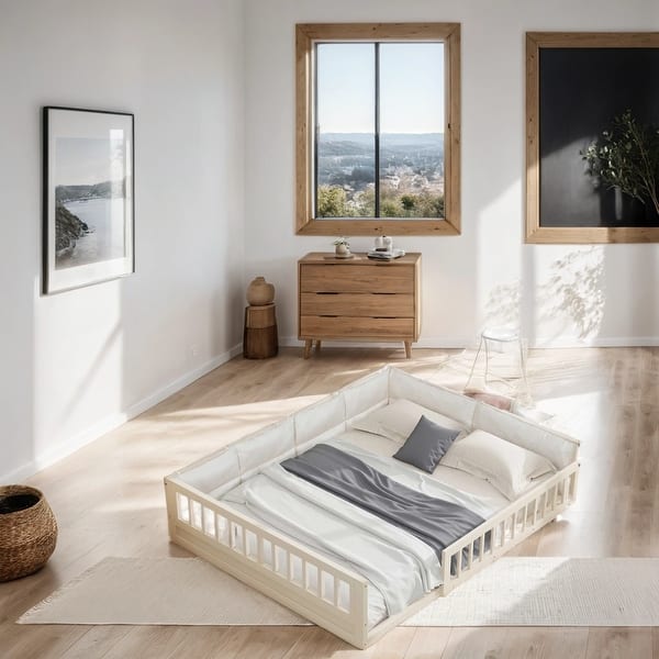 slide 2 of 12, Wood Full Size Bed with Guardrail and Pillow Beige