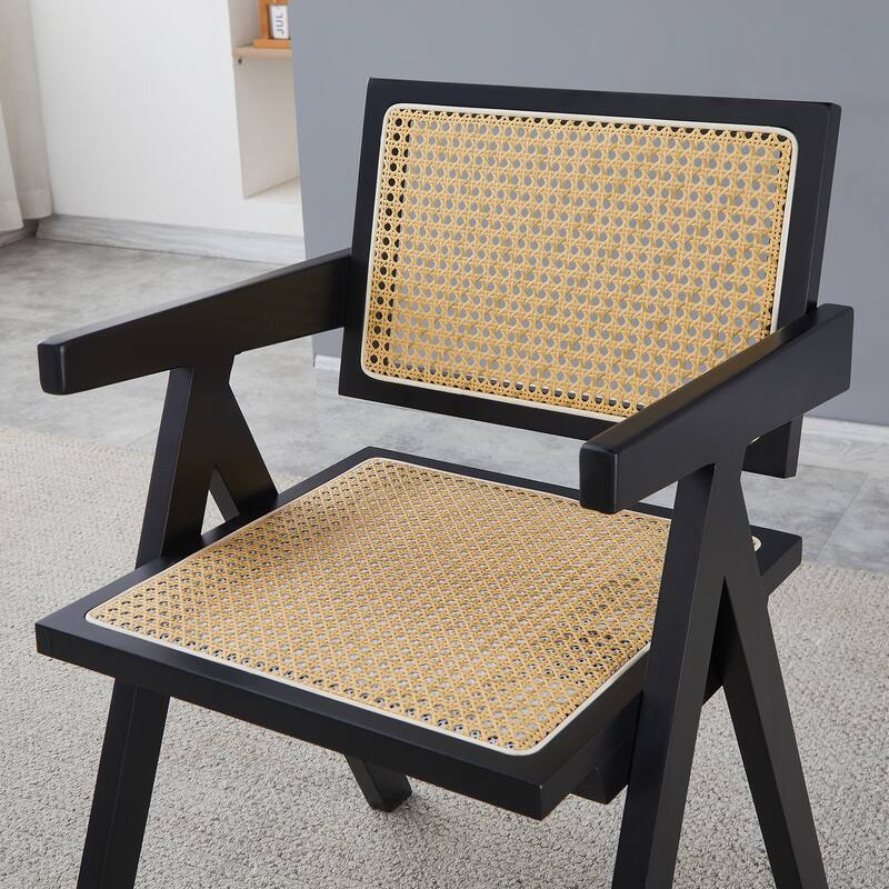 2 Piece Rattan Solid Wood Kitchen Dining Chair with Cushions, Backrests, Armrests for Dining Room Kitchen Living Room Bedroom