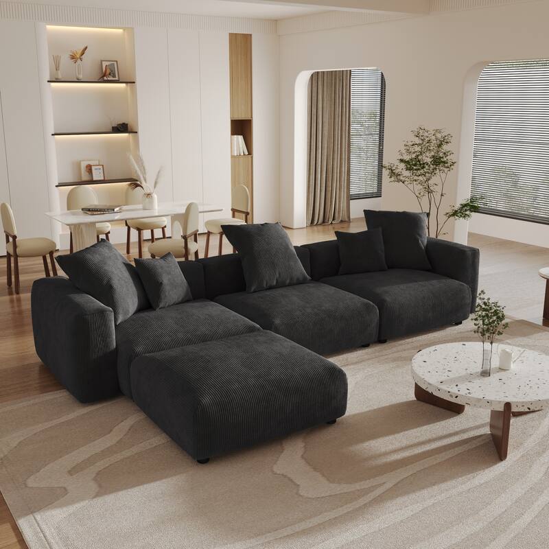 141.73 " Corduroy Large Reversible Modular Sectional Sofa L-Shape Couch with Otoman and Pillow
