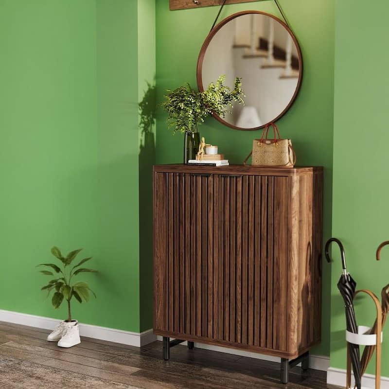 Versatile 6 Tier Shoe Cabinet with Adjustable Shelves Dual Louver Doors Wide Countertop - 33.46" x 13.78" x 43.31"