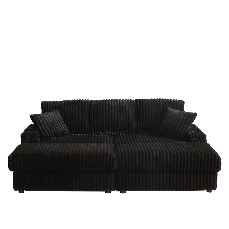 Deep Seat Sectional Loveseat Set with 2 Ottoman and 2 Pillows, Corduroy Chaise Lounge Bed with 2 Storage Spaces and Cupholding