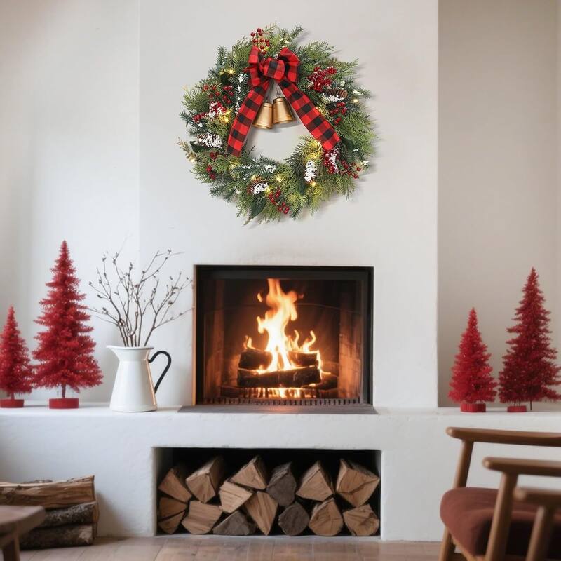 24 Inch Lit Christmas Wreath with Bells & Bow for Front Door, Window, Indoor