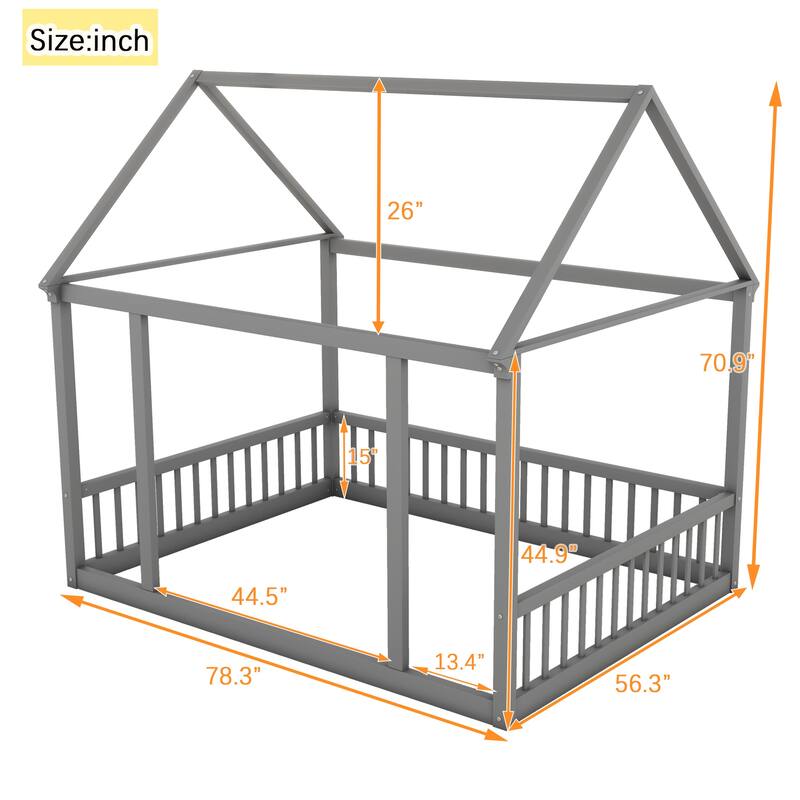 Floor Wooden Bed with House Roof Frame and Safety Guardrails