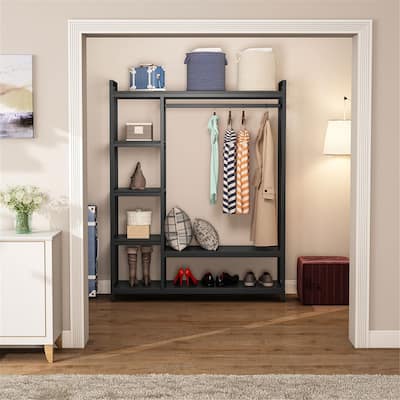 Brown/ Black Wood Industrial Clothing rack with shelves, 5-Tier Clothes Garment Rack Closet Organizer System with Hanging Rod