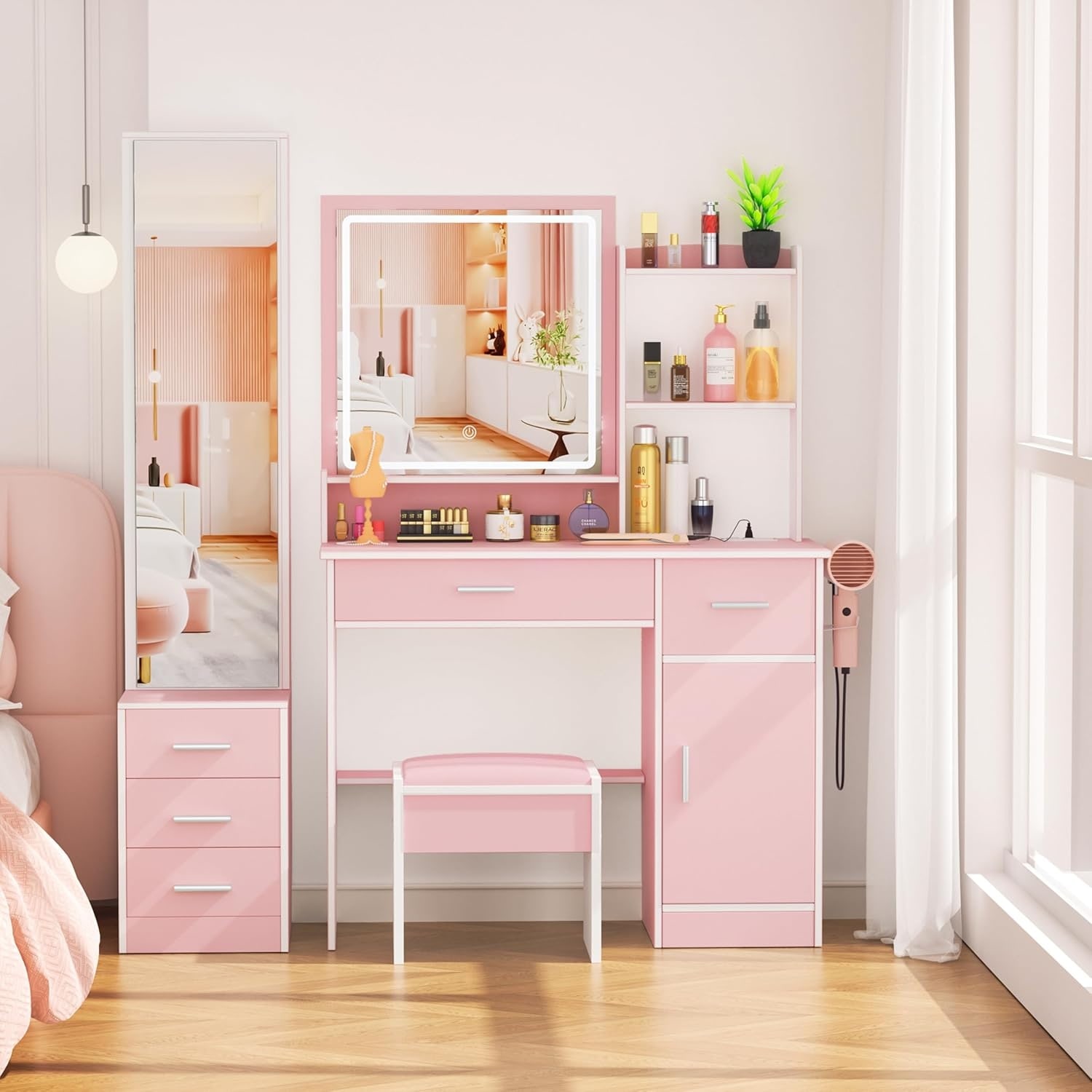 Pink Makeup Vanity Desk with Lights, Full-Length Mirror, and Power Outlet
