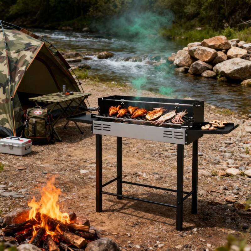 GDFStudio - Stainless Steel 2-in-1 Charcoal Rotisserie Grill with Shelves - Stainless Steel