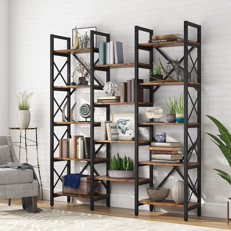 Open Triple Wide 5-Shelf Bookcase, Industrial Etagere Bookshelf for Home & Office