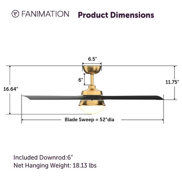 dimension image slide 1 of 2, Fanimation Barlow 52 inch Indoor/Outdoor Ceiling Fan with LED CCT Select Light Kit and Remote - Brushed Satin Brass