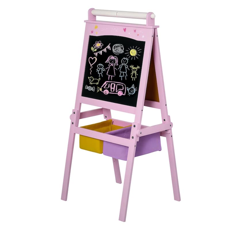 Qaba 3 In 1 Kids Wooden Art Easel with Paper Double-Sided Chalkboard & Whiteboard with Storage for Age 3 Years+, Pink