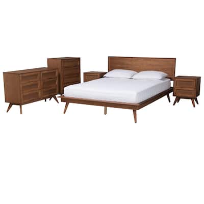 Melora Mid-Century Modern Walnut Brown Finished Wood and Rattan 3-Piece/4-Piece/5-Piece Bedroom Set (Multiple Bed Sizes)
