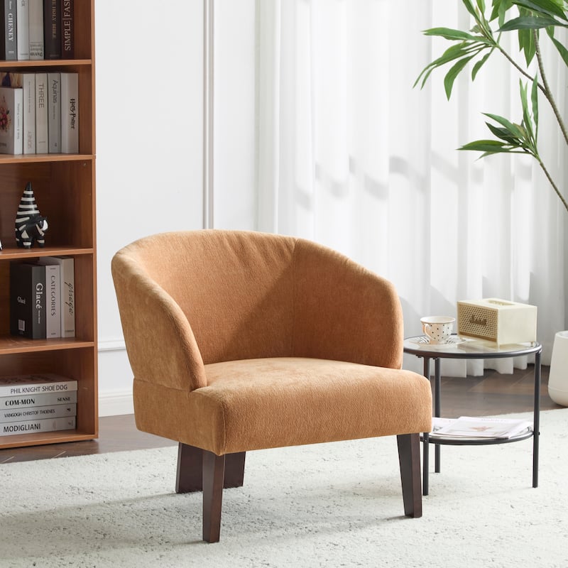 Modern Accent Chair with Round Back & Wooden Legs - Mid-Century Inspired Lounge Chair or Office - Soft Fabric Upholstery - Orange
