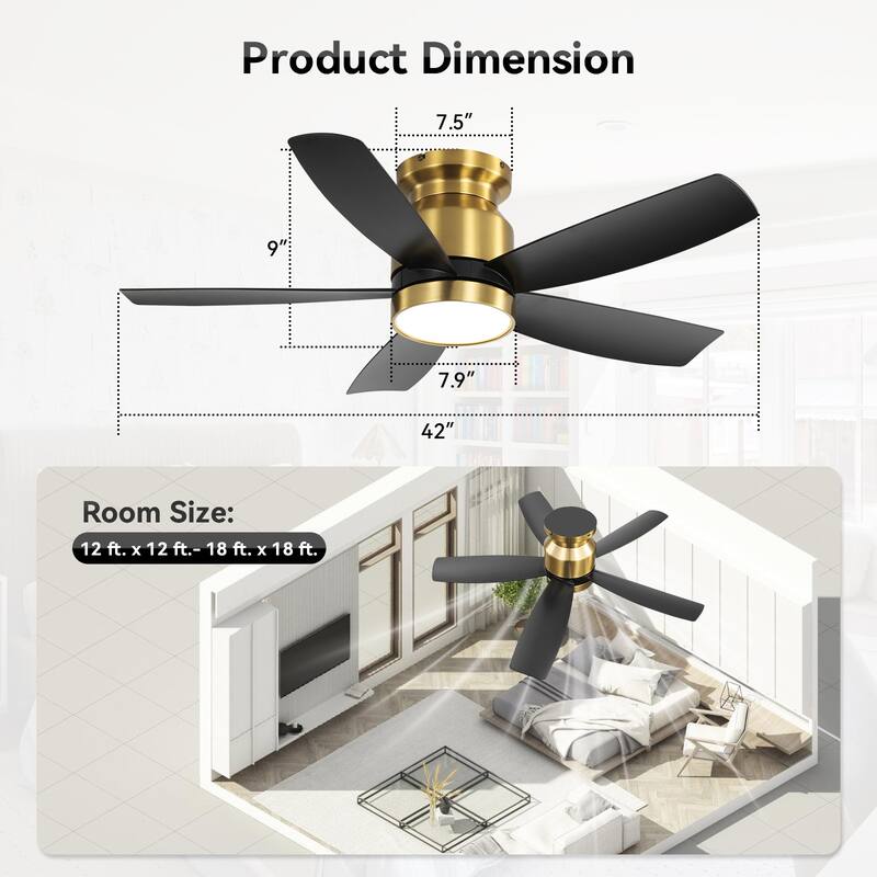 Modern Dimmable LED Light Ceiling Fan for Bedroom Dining Room, 42 Inch Flush Mount Ceiling Fan with Remote Control