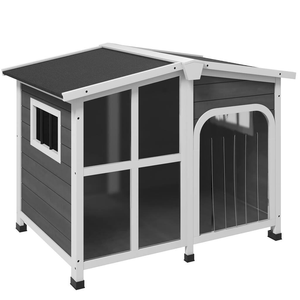 Weatherproof Dog House for Large Dogs, Wooden Outdoor Shelter with Asphalt Roof & Giant Window