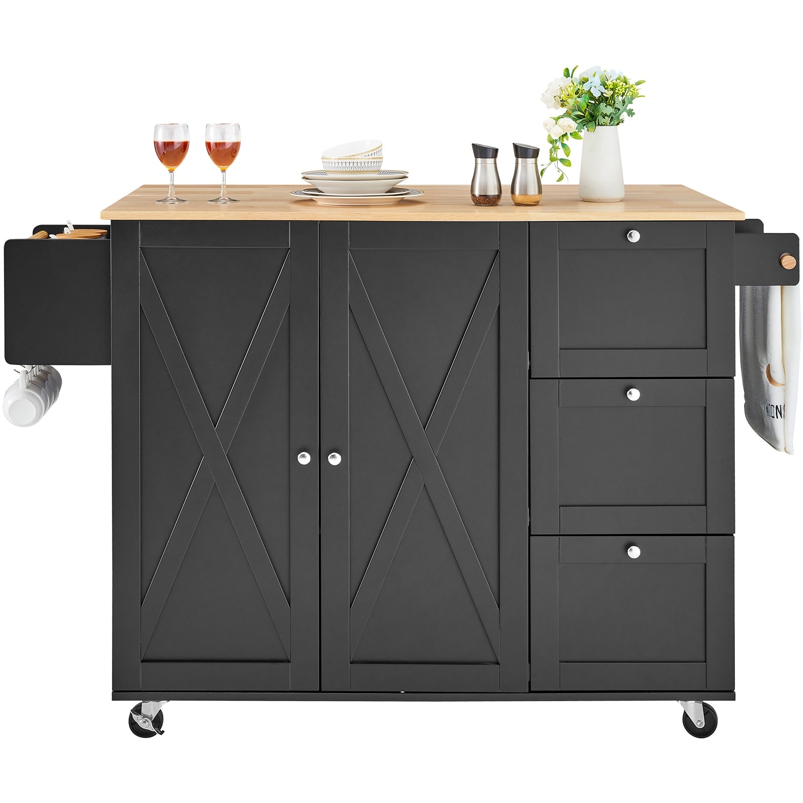 Kitchen Island Cart with Solid Wood Top, Spice Rack, Towel Rack, Drop Leaf & Drawer
