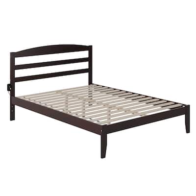 Baroque Bed - Queen Wood Platform Bed with Charging Station & Slatted Headboard - Espresso Finish