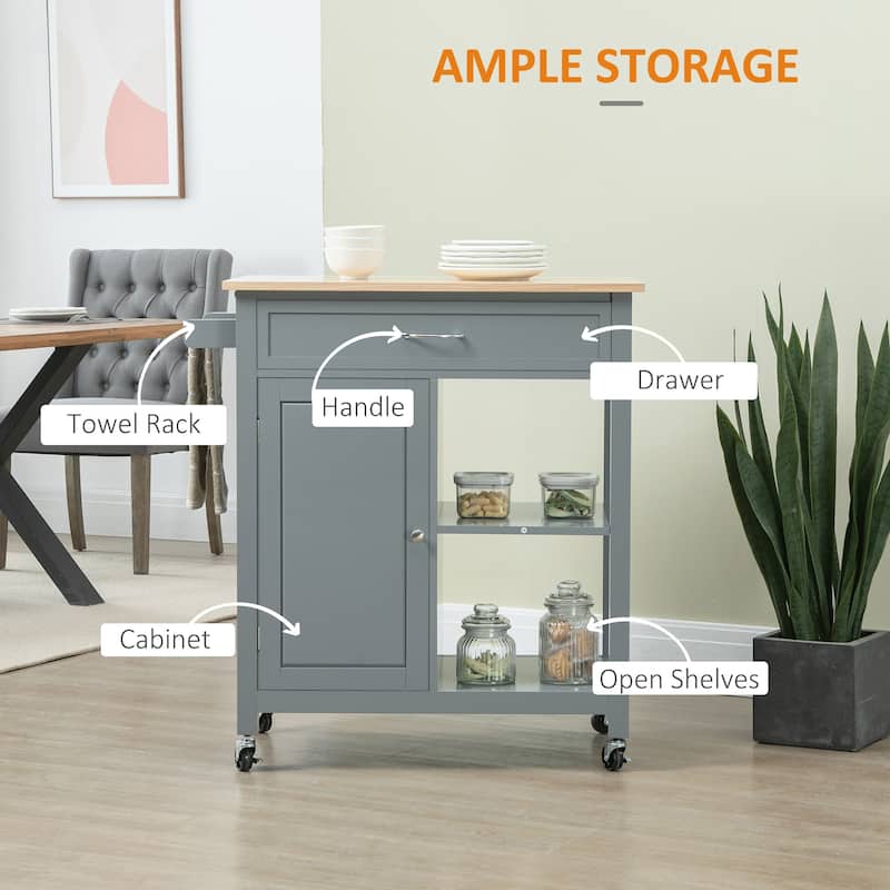 Mobile Kitchen Island with Wheels Towel Rack and Adjustable Open Storage Shelves - 32.75" W x 17.75" D x 34.75" H