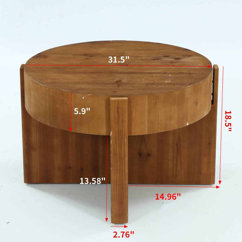 31.5 Inch Round Coffee Table for Living Room, All Solid Wood Construction - 31.5" D x 31.5" W x 18.5" H