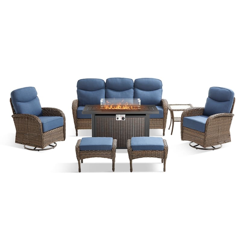 Pocassy Outdoor Sofa Swivel Chair and Ottman with 43in Fire Pit Table