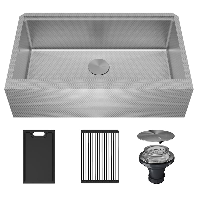 Karran Matrix 33" Apron Front Workstation 16 Gauge Single Bowl Stainless Steel Kitchen Sink with Accessories - Stainless Steel