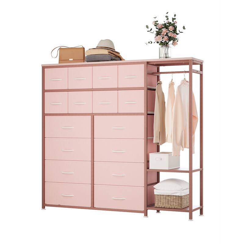 16 Drawers Dresser with Clothes Rack, Fabric Storage Tower Drawers Organizer Unit - Pink