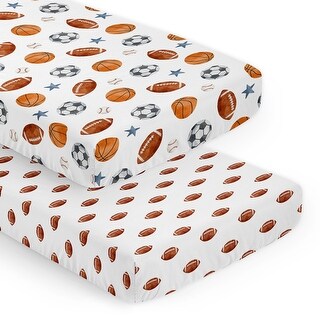 Sweet Jojo Designs Sports Theme Boy 2 Pack Fitted Crib Sheets - Football Print & Watercolor, Vintage, Sport Themed Balls, Stars