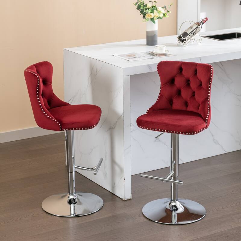 Velvet Swivel Bar Stools Set of 2, Kitchen Island Chairs with Adjusatble Height, Upholstered Bar Stools with Tufted Back
