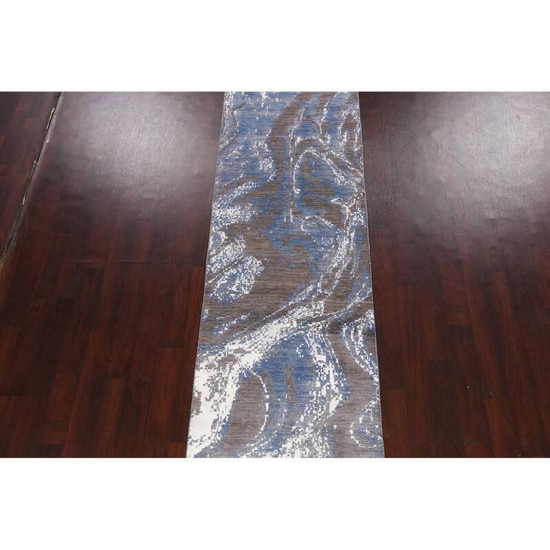 Wool/ Silk Vegetable Dye Modern Abstract Oriental Runner Rug Handmade - 3'0" x 12'3"