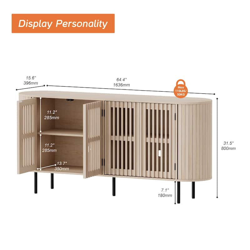 WAMPAT 64.4" Fluted TV Stand,Mid Century Modern Entertainment Center for TVs Up to 70 inches