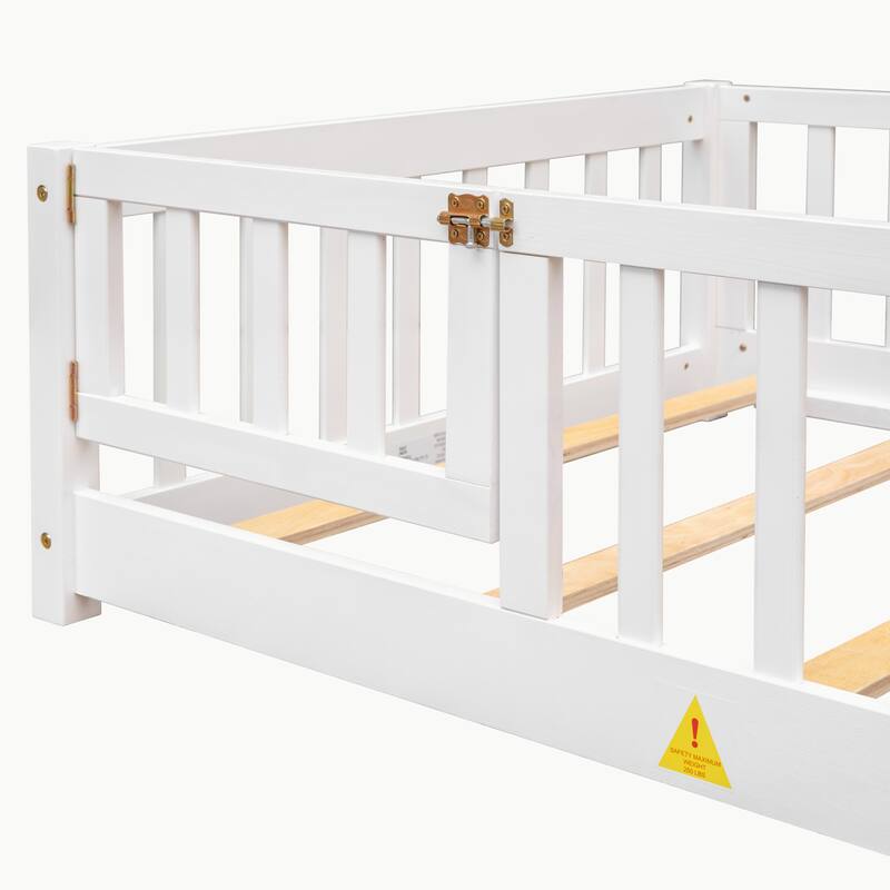 Pine Wood Floor Platform Bed with Fence and Door