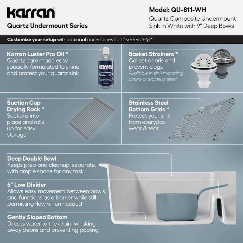 Karran Undermount Large/Small Bowl Quartz Kitchen Sink - 32" x 21.25" x 9" - 32" x 21.25" x 9"
