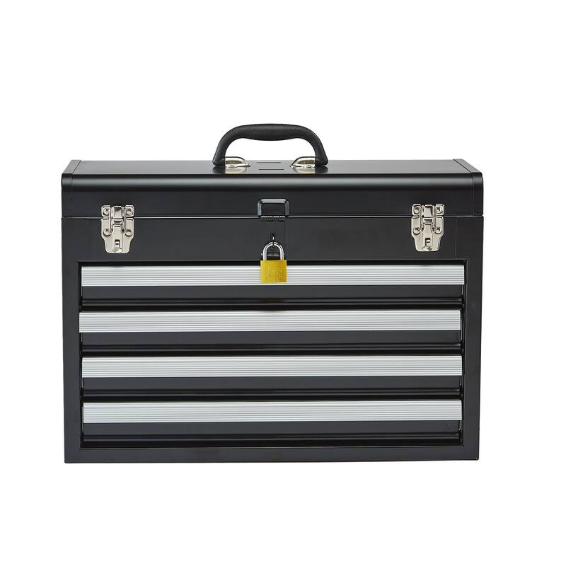 20.5-Inch Black Portable Metal Toolbox with 4 Drawers and Auto-Locking System - 20.5 x 8.6 x 14.2 in