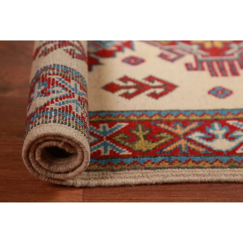 Geometric Kazak Oriental Rug Handmade Beige Wool Carpet - 2'0"x 3'0"