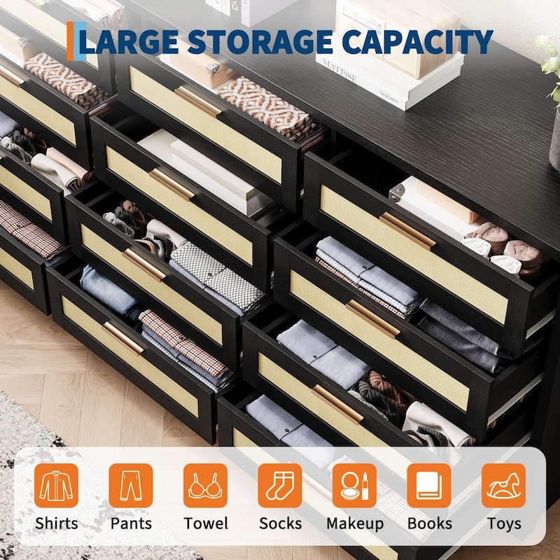 12 Drawer Dresser for Bedroom, Modern Farmhouse Rattan Chest of Drawers with Handles, Wood Dresser for Closet