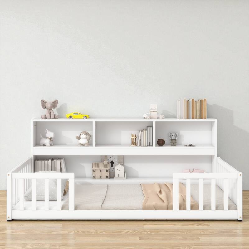 Twin/Full Size Wooden Floor Bed with Bedside Bookcase and Shelves, Low Platform Bed with Guardrails - White - Twin