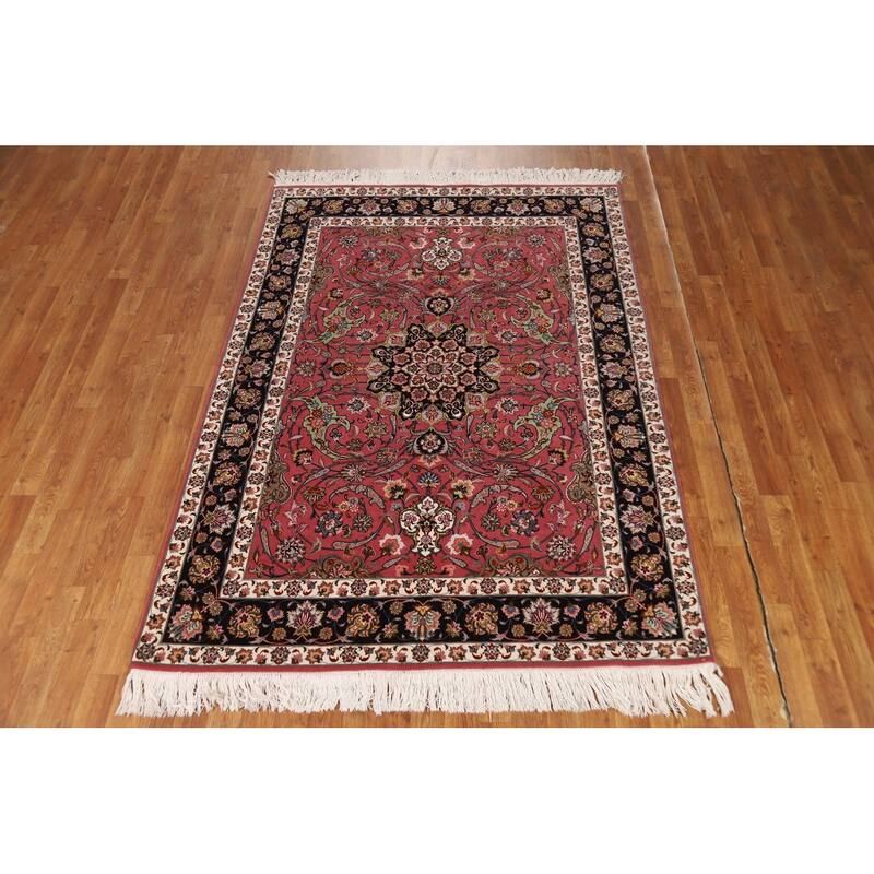 Floral Pink Tabriz Persian Rug Handmade Wool & Silk Carpet - 4'1"x 7'0"