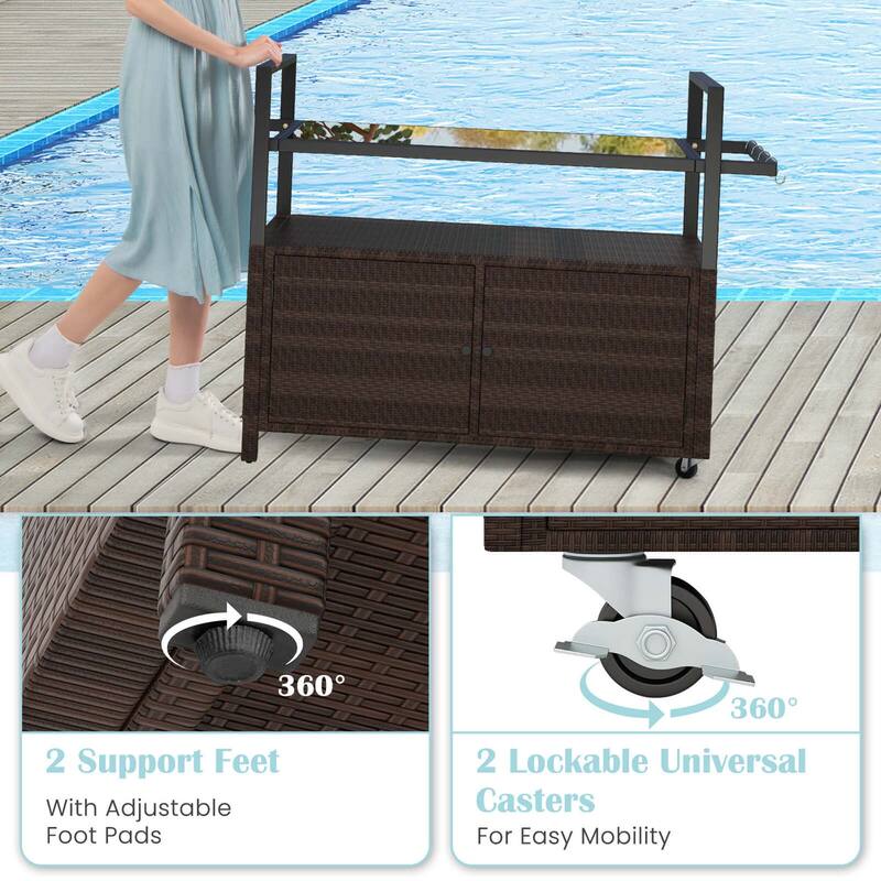 Costway Outdoor Bar Cart with Tempered Glass Top Storage Cabinet & 8 - See Details