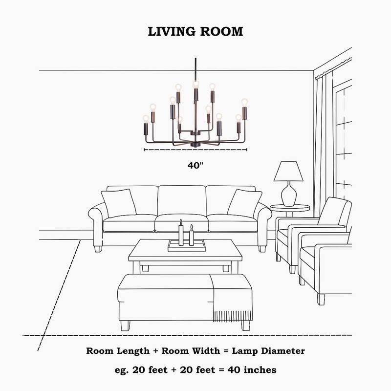 Modern 12-Light Black Chandelier Candle Large Light Fixture for Dining Room - 39.3 " L × 43.3 " H