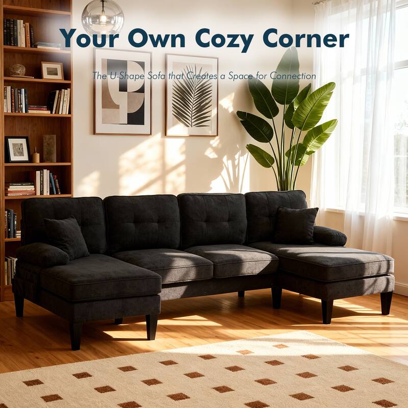 HOMEFUN Linen Upholstered U-Shaped 4-seater Tufted Wood Frame Sectional Sofa with Side Pocket