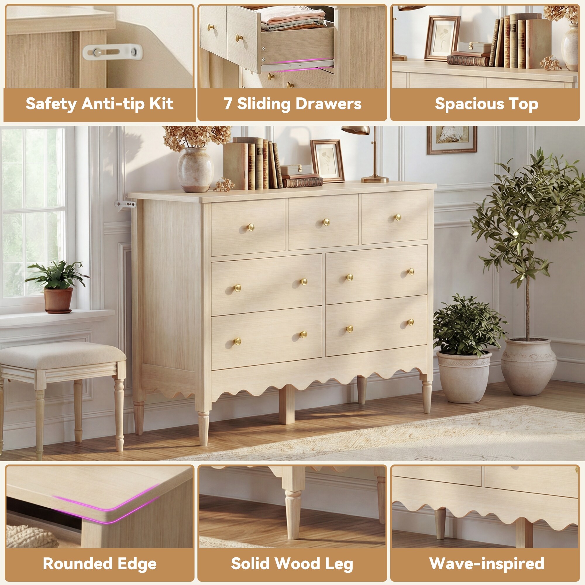 Narill Wave-Inspired 7-Drawer Dresser, 47-In Bedroom Chest of