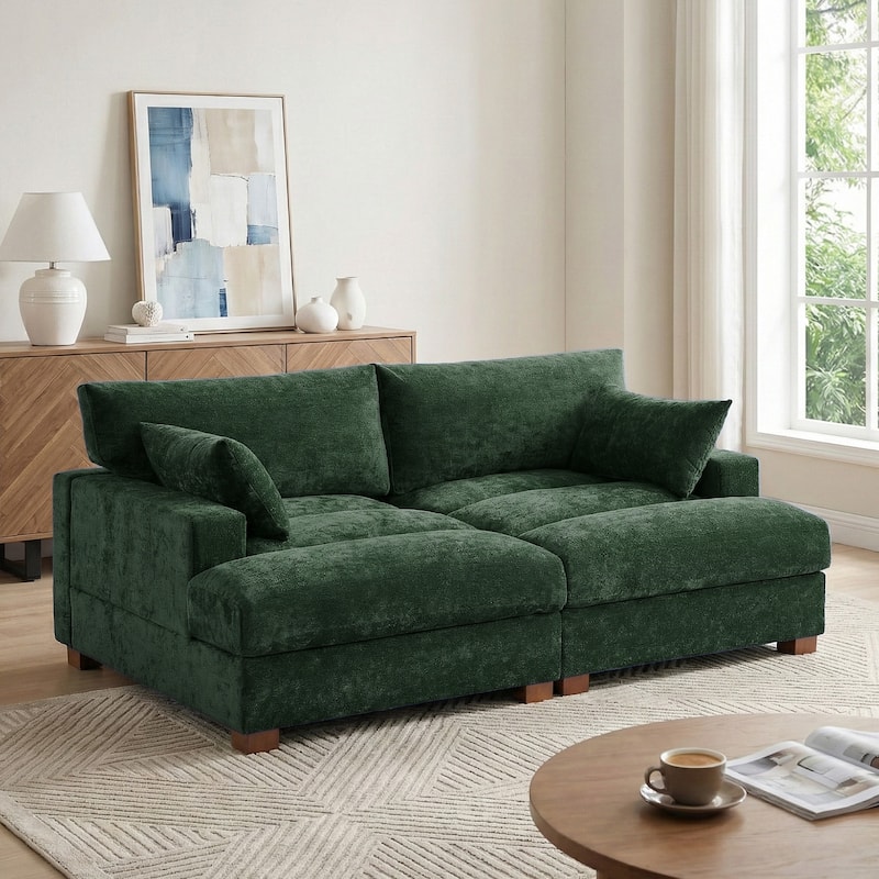 Mid-Century Chenille Adjustable Headrest Chaise Lounge Sofa - Green - Symmetrical