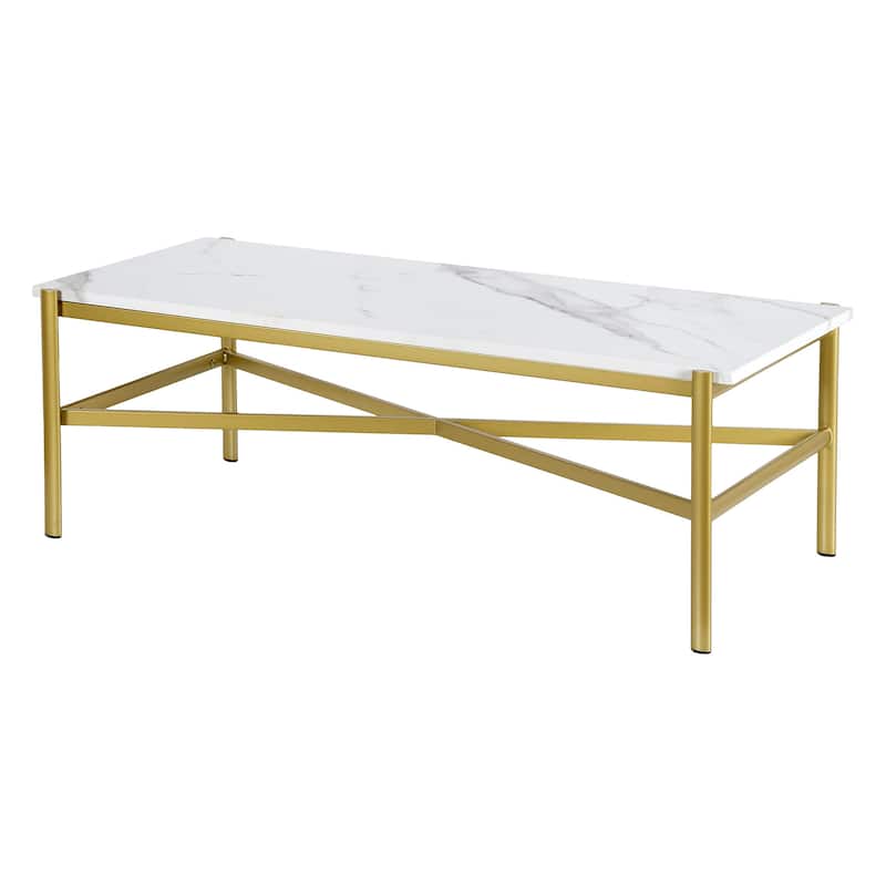 46 Inch Modern Faux Marble Coffee Table Rectangular Metal Base Accent for Living Room Decor - 46"L x 20"W x 16"H