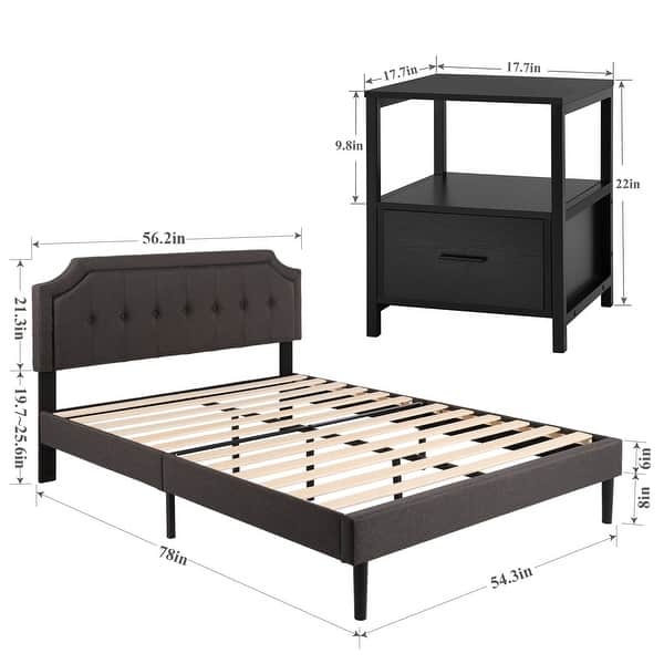 dimension image slide 10 of 13, VECELO 3-Pieces Modern Upholstered Bed with Height Adjustable Headboard and Nightstands Sets