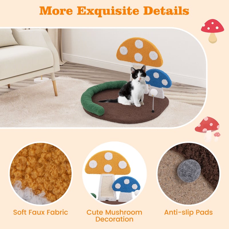 Cat Bed with Mushroom Design and Sisal Scratching Panel for Claw Care - 23" x 19.5" x 17"