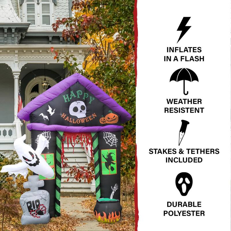 Haunted Hill Farm 9-ft. Prelit Inflatable Haunted House Arch with Ghost, Tombstone, and Cauldron