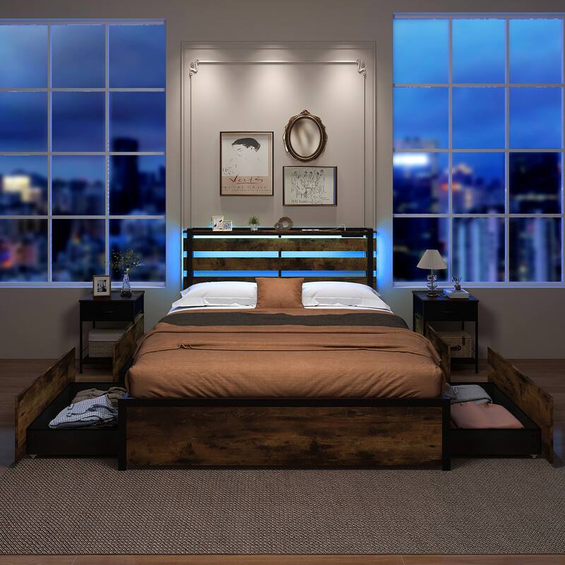 Gymax Queen Size Bed Frame w/ Drawers LED Lights Outlets & USB Ports