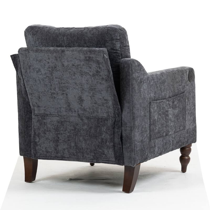 Chenille Accent Armchair, Upholstered Lounge Chair with USB Port, Single Sofa Chair with Wooden Legs & Side Storage