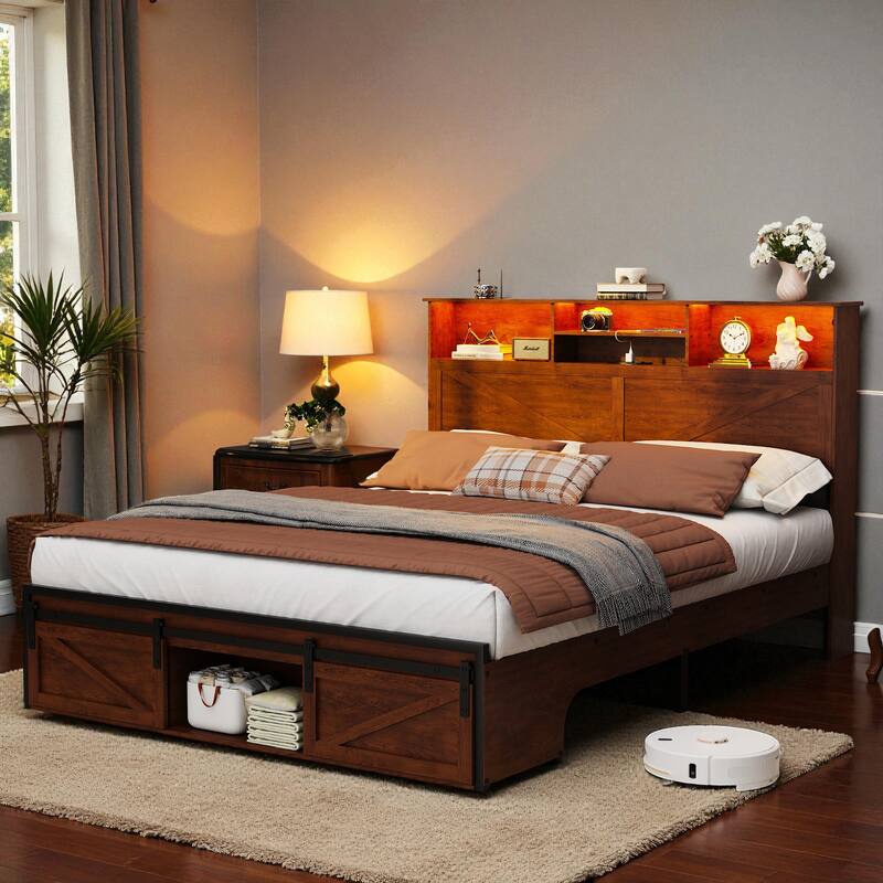 Farmhouse Full/Queen Bed Frame with Storage Headboard, Charging Station and RGB LED Lights, MDF and Steel Platform Bed - Brown - Queen