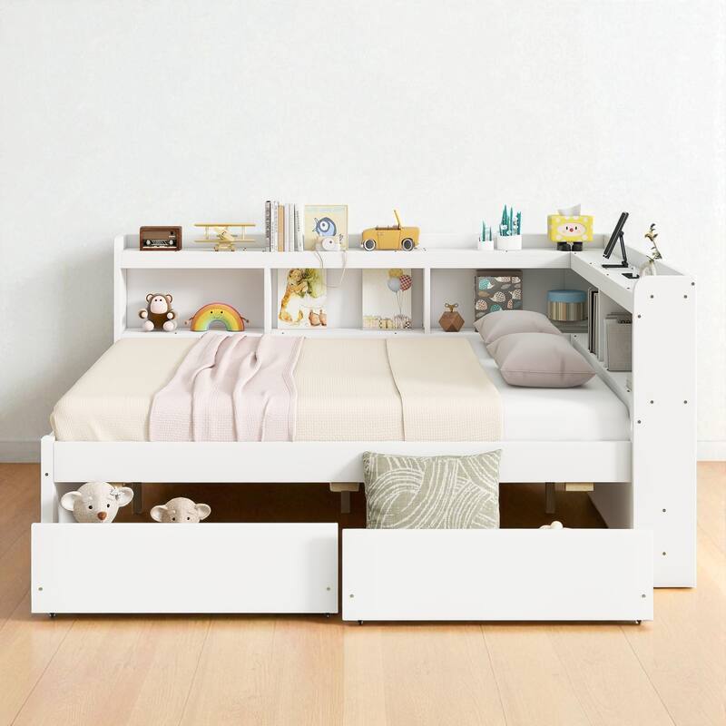 Full Size Bed with L-Shaped Bookcases, Power Outlets, USB Ports and 2 Storage Drawers