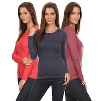 3 Pack Women's Long Sleeve Shirt Crew Neck Slim Fit: BERRY/CORAL/NAVY