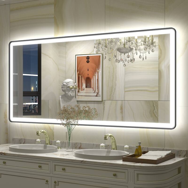 UL Certified Front & Back LED Anti-Fog Tempered Glass Framed Bathroom/Vanity Mirror 3-Year Warranty - 55" x 36"-Rounded Corner - Black